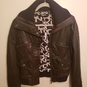 DKNY Brown Leather Moto Jacket